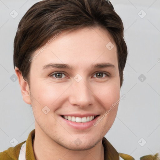 Joyful white young-adult female with short  brown hair and grey eyes