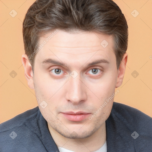 Neutral white young-adult male with short  brown hair and brown eyes