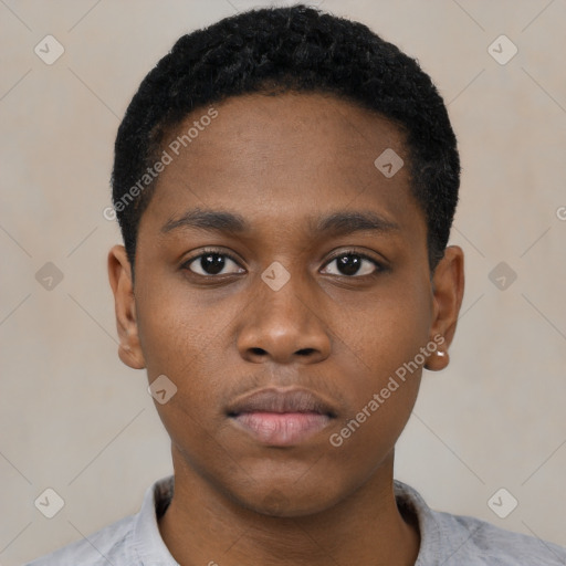 Neutral black young-adult male with short  black hair and brown eyes