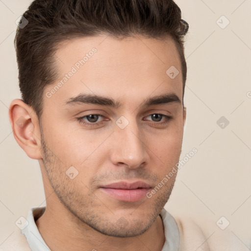 Neutral white young-adult male with short  brown hair and brown eyes