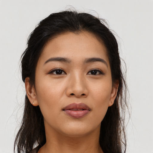 Neutral asian young-adult female with long  brown hair and brown eyes