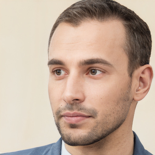 Neutral white young-adult male with short  brown hair and brown eyes