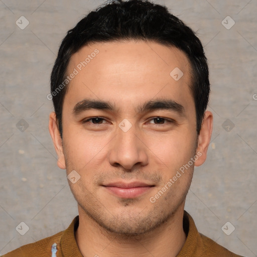 Joyful white young-adult male with short  black hair and brown eyes