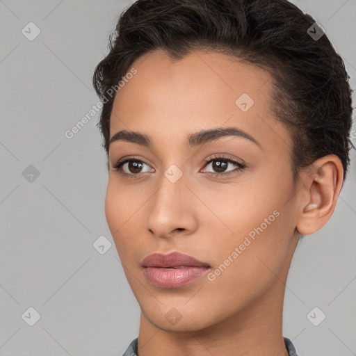 Neutral white young-adult female with short  brown hair and brown eyes