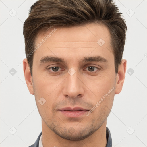 Neutral white young-adult male with short  brown hair and brown eyes