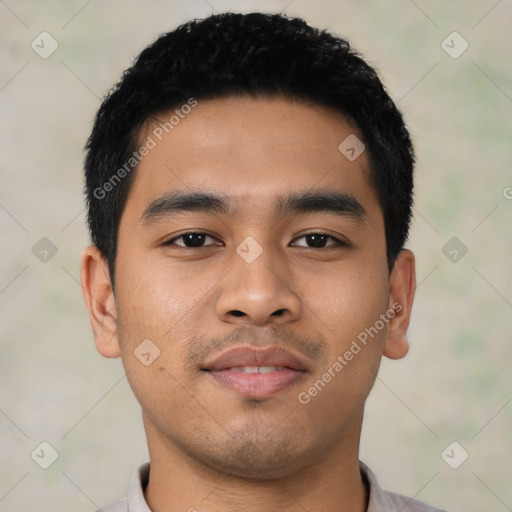 Neutral asian young-adult male with short  black hair and brown eyes