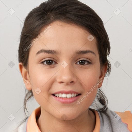 Joyful white child female with medium  brown hair and brown eyes