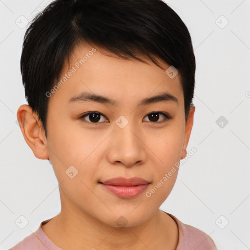 Joyful asian young-adult female with short  brown hair and brown eyes