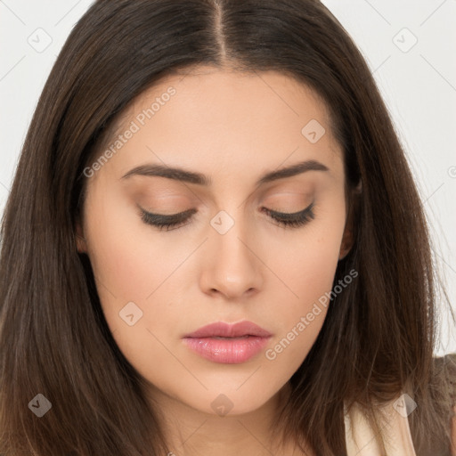 Neutral white young-adult female with long  brown hair and brown eyes