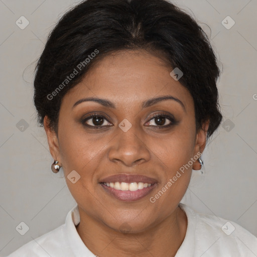 Joyful black young-adult female with medium  brown hair and brown eyes
