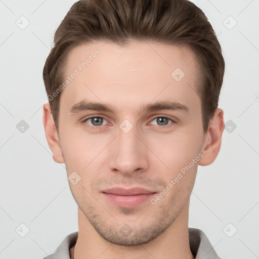 Neutral white young-adult male with short  brown hair and grey eyes