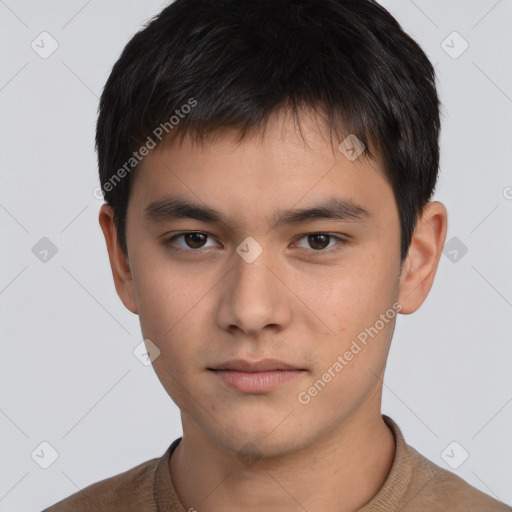 Neutral asian young-adult male with short  brown hair and brown eyes