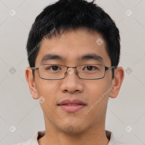 Neutral asian young-adult male with short  brown hair and brown eyes