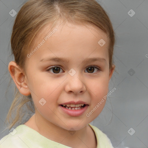 Joyful white child female with medium  brown hair and brown eyes