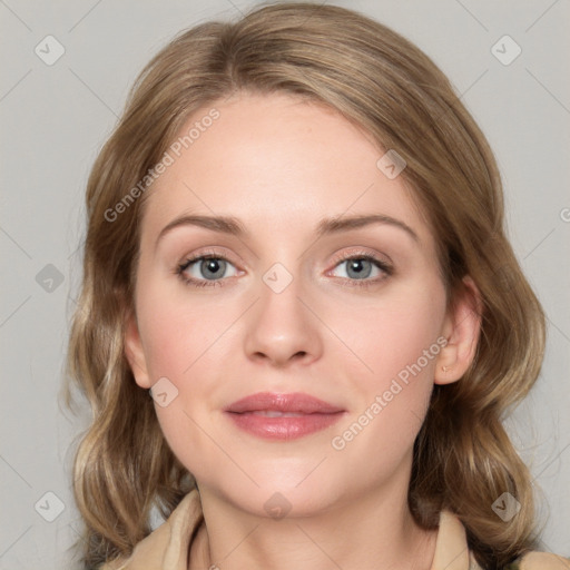 Joyful white young-adult female with medium  brown hair and blue eyes