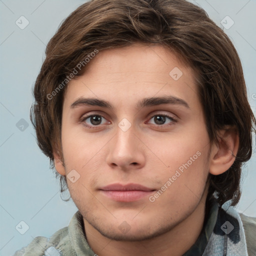 Neutral white young-adult male with medium  brown hair and brown eyes