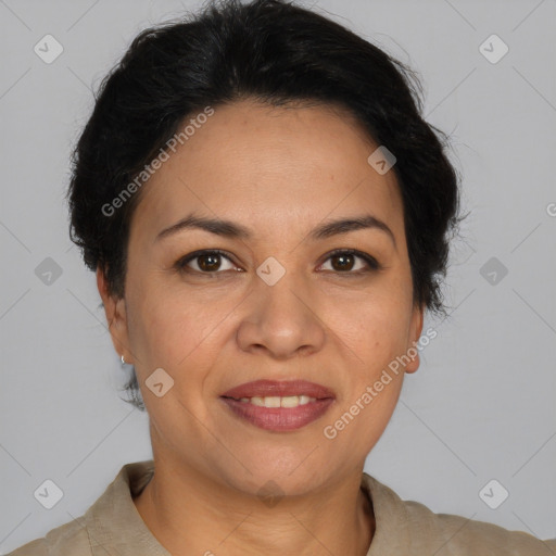 Joyful white adult female with short  brown hair and brown eyes