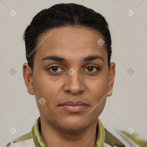 Joyful latino young-adult male with short  brown hair and brown eyes