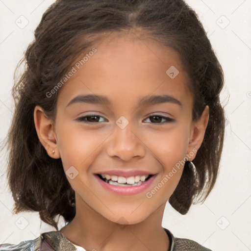 Joyful white child female with medium  brown hair and brown eyes