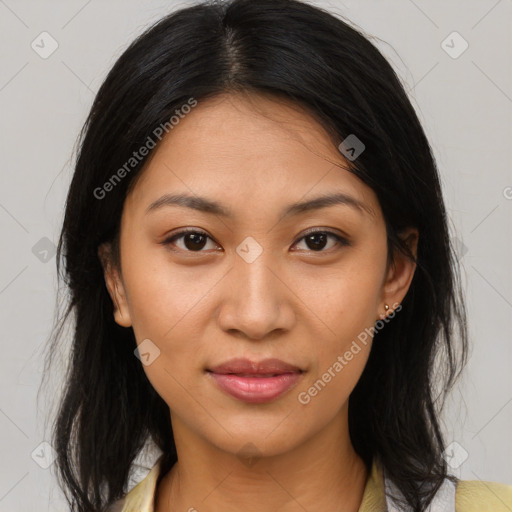 Joyful latino young-adult female with medium  brown hair and brown eyes