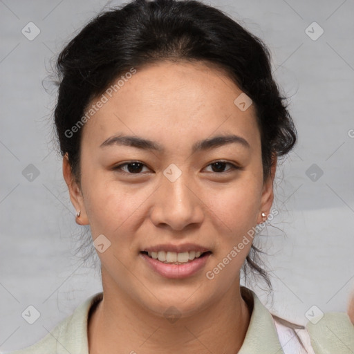 Joyful latino young-adult female with short  brown hair and brown eyes