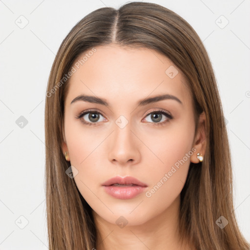 Neutral white young-adult female with long  brown hair and brown eyes