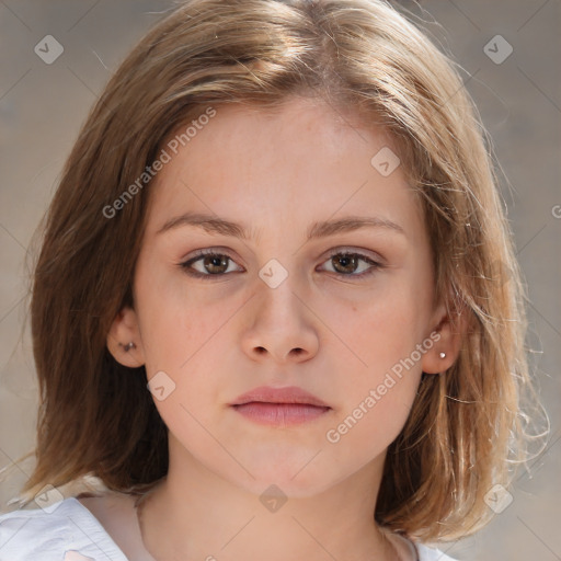 Neutral white young-adult female with medium  brown hair and brown eyes