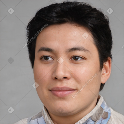 Joyful asian young-adult male with short  brown hair and brown eyes