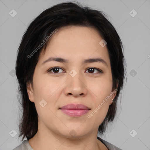 Joyful white young-adult female with medium  brown hair and brown eyes