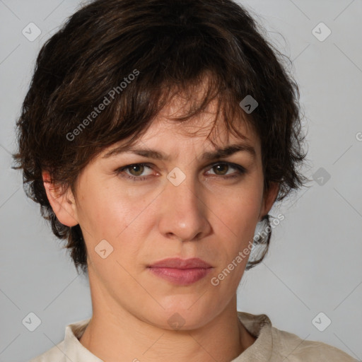 Joyful white adult female with medium  brown hair and green eyes