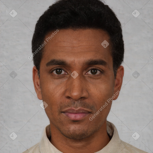 Neutral latino adult male with short  black hair and brown eyes