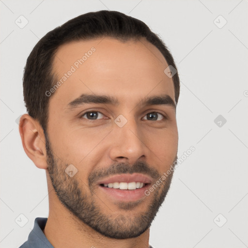 Joyful white young-adult male with short  brown hair and brown eyes