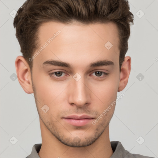 Neutral white young-adult male with short  brown hair and brown eyes