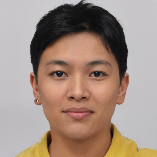Neutral asian young-adult female with short  black hair and brown eyes