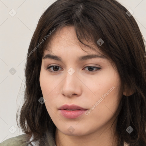 Neutral white young-adult female with medium  brown hair and brown eyes