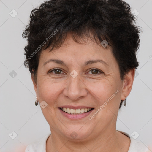 Joyful white adult female with short  brown hair and brown eyes