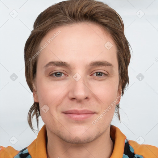 Joyful white young-adult female with medium  brown hair and grey eyes