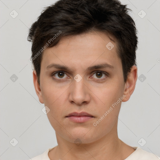 Neutral white young-adult male with short  brown hair and brown eyes