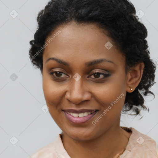 Joyful black young-adult female with medium  brown hair and brown eyes