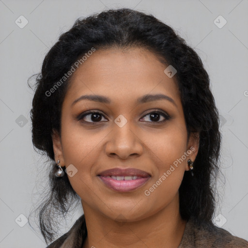 Joyful black young-adult female with medium  brown hair and brown eyes