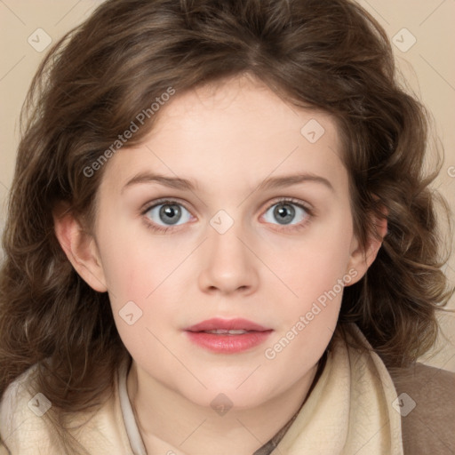 Joyful white child female with medium  brown hair and brown eyes