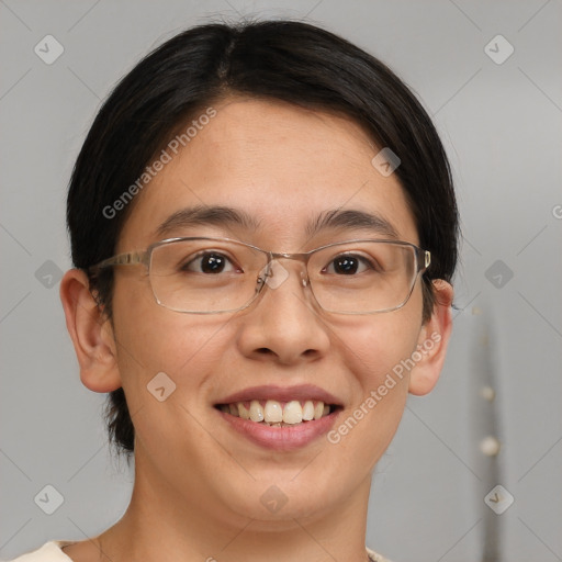 Joyful white adult female with short  brown hair and brown eyes