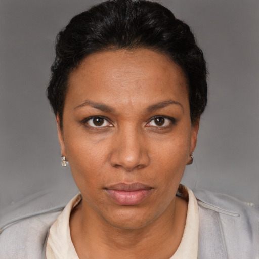 Neutral black adult female with short  black hair and brown eyes
