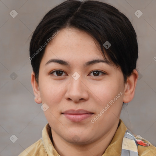 Joyful asian young-adult female with medium  brown hair and brown eyes