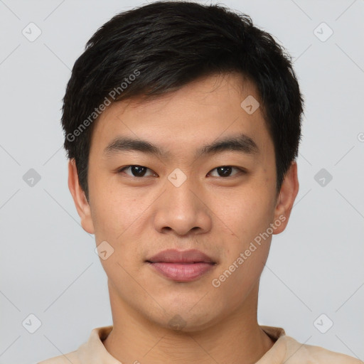 Neutral asian young-adult male with short  black hair and brown eyes