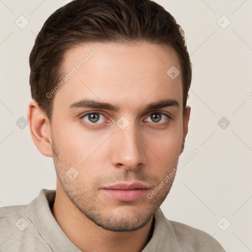 Neutral white young-adult male with short  brown hair and grey eyes