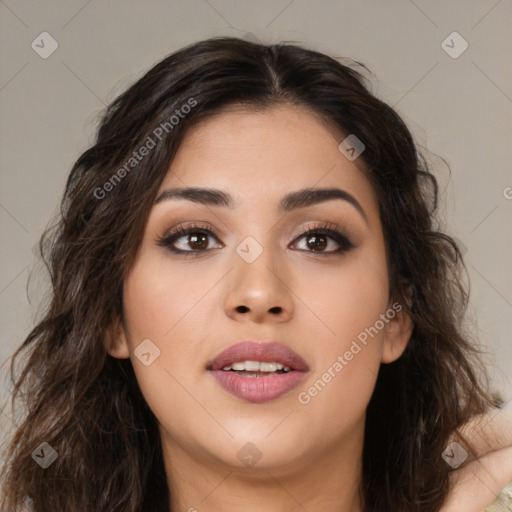 Joyful asian young-adult female with long  brown hair and brown eyes