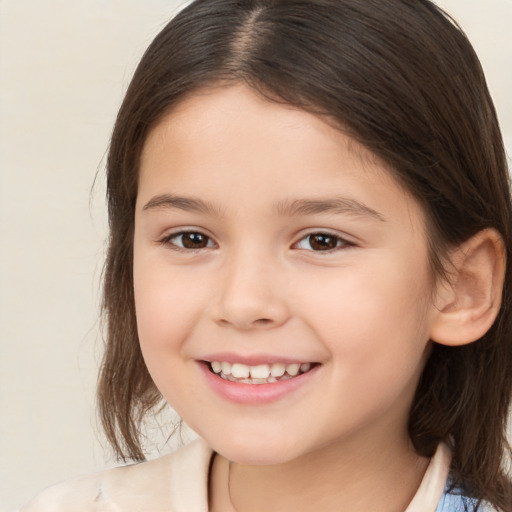 Joyful white child female with medium  brown hair and brown eyes