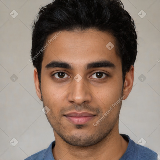 Neutral latino young-adult male with short  black hair and brown eyes