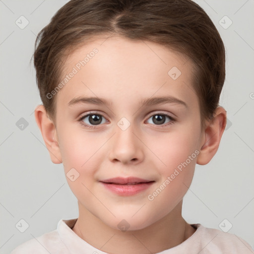 Joyful white child female with short  brown hair and brown eyes